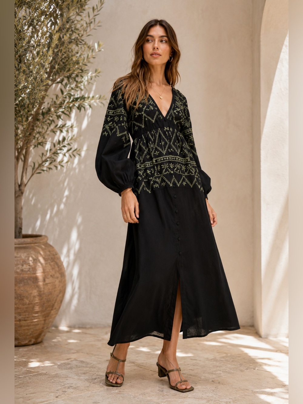 ASOS DESIGN embroidered button up midaxi dress in black B445